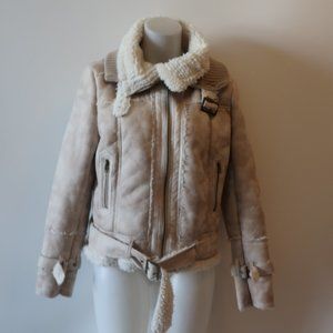 WOMENS MANGO BEIGE FULL ZIP FAUX SHEARLING FAUX SUEDE AVIATOR JACKET L *